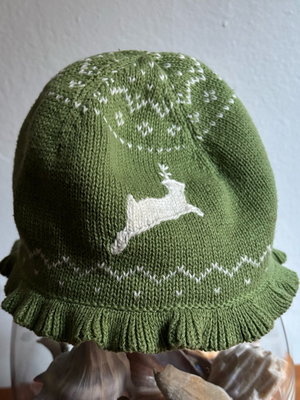 Janie and Jack Olive Green Knit Ruffle Beanie with Cream Reindeer 100% Cotton
